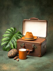 happy travel concept. Vintage suitcase with hat, mug, and tropical leaves displayed artistically.