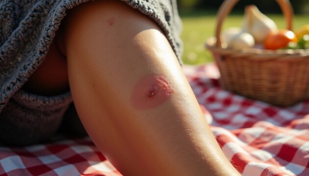 Swollen bug bite on leg with picnic basket and fresh vegetables nearby  