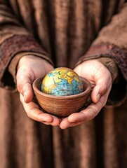 happy travel concept. A person holds a decorative bowl with a globe inside.