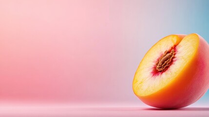 This minimalist image showcases a peach slice positioned beautifully on a pastel background, highlighting its vibrant colors and promoting freshness and simplicity in food aesthetics.
