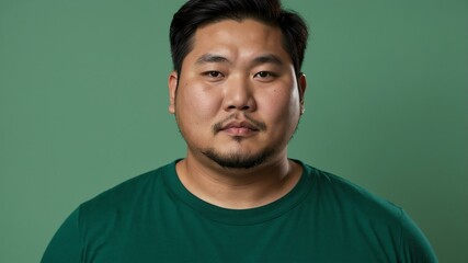 Fototapeta premium Plus size Asian man plain green background, looking proud