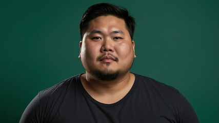 Fototapeta premium Plus size Asian man plain green background, looking proud