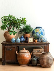happy travel concept. Vintage decor with pottery and greenery on a wooden table.