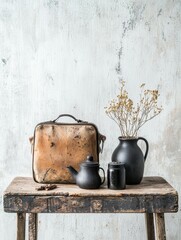 happy travel concept. Vintage still life with rustic objects on a wooden table.