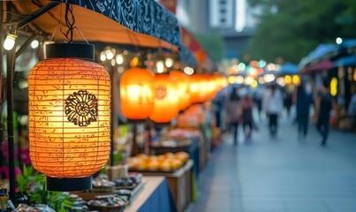 happy travel concept. Vibrant street market with colorful lanterns and bustling atmosphere.