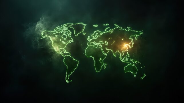 A modern representation of the world map illuminated in green hues, showcasing geographical outlines in a digital and abstract style, symbolizing global connectivity and technology.