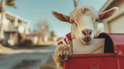 An adorable goat peeks out of a red mailbox, adding a delightful touch of whimsy to the everyday task of delivering mail in a warm neighborhood setting.