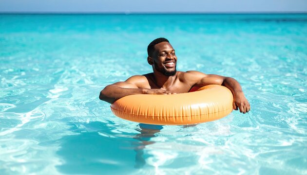 Happy man relaxing in a swimming pool with an orange float, enjoying a sunny day by the water - Powered by Adobe