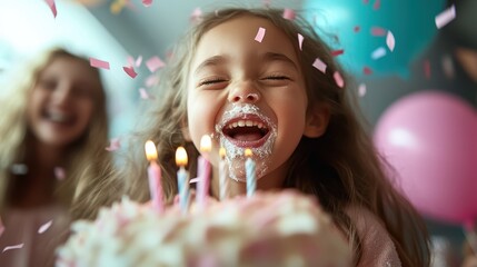 A joyful girl celebrates her birthday with a cake, surrounded by confetti and excitement, capturing the essence of happiness and childhood celebrations, perfect for family themes.