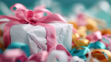 A beautifully wrapped gift box adorned with vibrant ribbons, capturing the essence of celebration, surprise, and joy during special occasions, making it ideal for various themes.