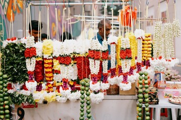 Flower garlands at a market in singapore for celebration
