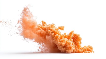 An artistic representation of an orange dust explosion, highlighting dynamic movement and texture on a clean white background, ideal for creative and abstract projects.
