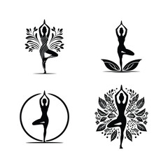 Set of black yoga silhouette illustrations of women in tree pose with floral and leaf decorative elements

