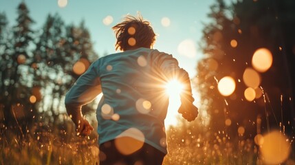 A dynamic image capturing a young person running joyfully towards a sunlit horizon, showcasing the exhilaration of freedom and the beauty of nature's landscape.