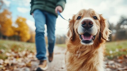 A joyful golden retriever smiles as it walks alongside its owner on a sunny autumn day, showcasing the bond between pets and their humans amidst the vibrant foliage.