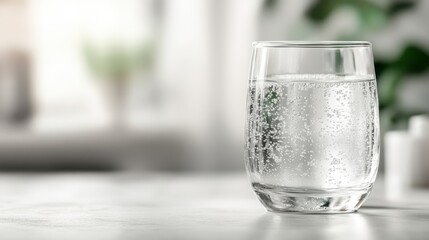 A close-up image of a glass filled with sparkling water, showcasing bubbles and reflections, symbolizing refreshment and vitality in a modern setting.