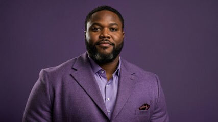 Plus size African man plain purple background, looking proud