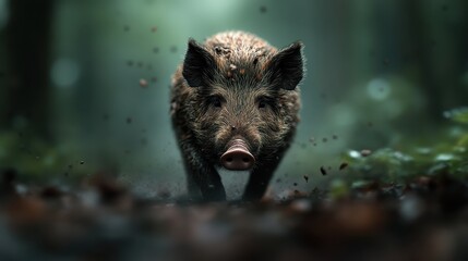 A solitary wild boar makes its way through a foggy forest, creating a sense of mystery and adventure as it navigates its natural habitat in search of food.