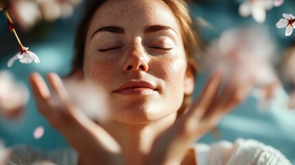 A serene woman with closed eyes, surrounded by pink blossoms, conveys a profound sense of peace and connection with nature, embodying the essence of joy and tranquility.