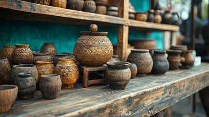 happy travel concept. Handcrafted pottery displayed on a wooden shelf with intricate designs.