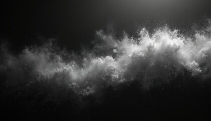 Abstract background with flowing dust particles in air on black backdrop. Natural dust cloud powder effect. Floating powder, fine particles, atmosphere. Ideal for art design, overlay effects,