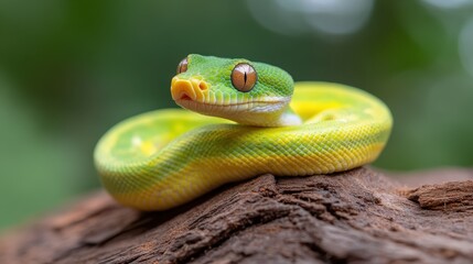 A stunning green snake rests on a textured log, displaying its vibrant colors and intricate patterns, symbolizing nature's beauty and the biodiversity of reptiles.