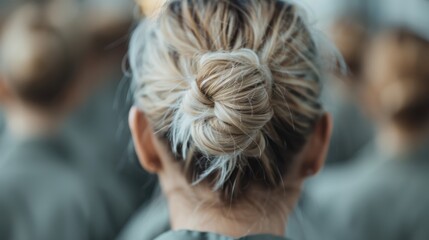 A beautifully styled blonde bun is the focal point, showcasing intricate details, while the background hints at a group setting, evoking a sense of serenity or teamwork.