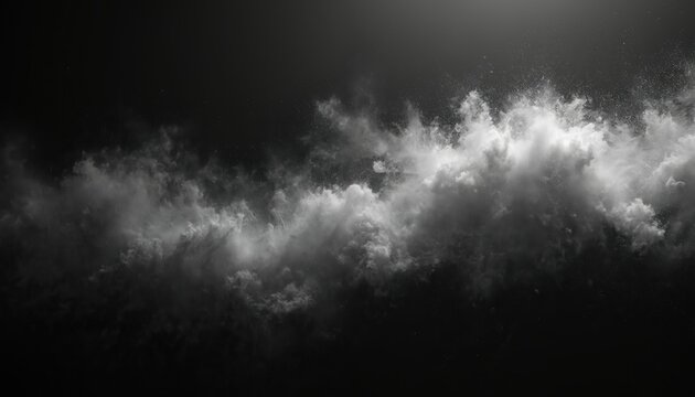 Abstract background with flowing dust particles in air on black backdrop. Natural dust cloud powder effect. Floating powder, fine particles, atmosphere. Ideal for art design, overlay effects,