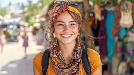 happy travel concept. Smiling woman in a vibrant market setting with colorful backgrounds.