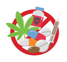 Flat Design of Dangerous Substance Warning – Skull and Crossbones - Before and After Drug Use – Health Awareness Vector Scene - Doctor Educating Teen About Drug Effects – Flat Character Illustration