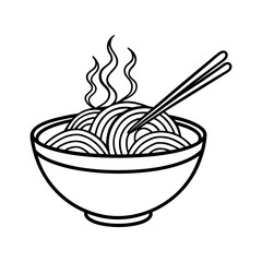 Hot steaming noodles in bowl with chopsticks line art