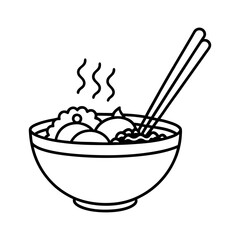 Hot steaming noodles in bowl with chopsticks line art