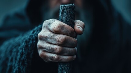 A close-up view of an aged hand firmly grasping a weathered stick, symbolizing wisdom, resilience, and a connection to nature in a mysterious atmosphere.