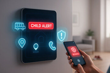 Smartphone with child alert interface showing map, icons, and emergency call options on screen