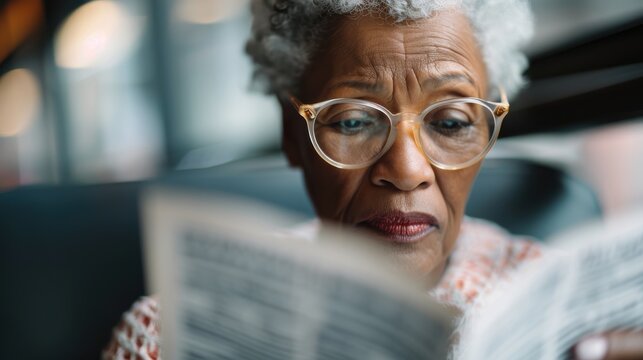 An elderly woman intently reads a newspaper while seated on a train, showcasing thoughtful engagement with current affairs in a serene and reflective atmosphere.