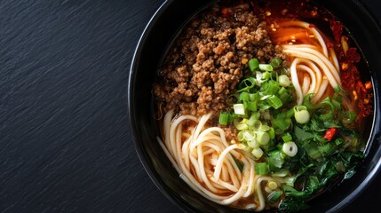 Close-up of a traditional Asian noodle soup in a dark bowl with ground meat vegetables and fresh green onions on a black background