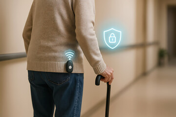 Elderly person walking with cane wearing smart hip safety sensor for fall detection assistance