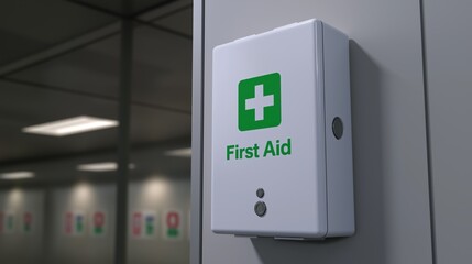 Wall-Mounted First Aid Box in Office Environment – 3D Render