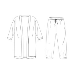 Women's kimono top Pajama suit with Wide lag pants design flat sketch fashion illustration drawing with front and back view. Flared pants with long sleeve pajama blouse top set cad drawing.