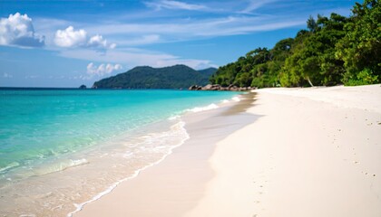 Serene beach scene with soft white sand, turquoise water, lush green hills, and a clear blue sky