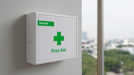 First Aid Box with City View – 3D Render in Office Interior