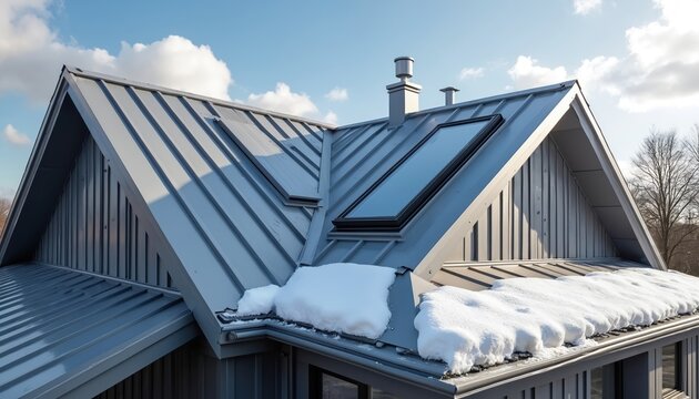 Modern standing seam metal roof construction with roof windows snow guard. Features gutter, extractor fan, metal-clad chimney. Contemporary residential house design element. Blue sky background with