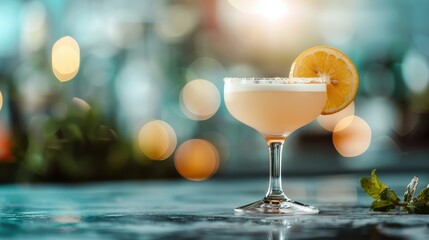 A beautifully crafted cocktail with a lemon slice sits elegantly in a glass, showcasing its creamy texture and inviting color, perfect for summer refreshment and relaxation.
