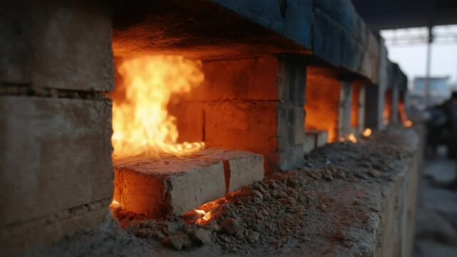 Kiln in the Flames: The raw power of industrial processes is unveiled as a kiln fiercely roars, its interior alight with the blazing energy of fire.