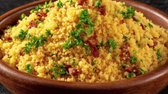 Golden couscous salad with herbs and bits of meat in a wooden bowl on a dark background. A flavorful, textured dish for a meal. (zoom out)