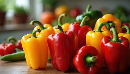 Vibrant bouquet of bell peppers in a colorful kitchen