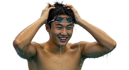 Smiling swimmer with water droplets enjoying the moment after a successful swim competition