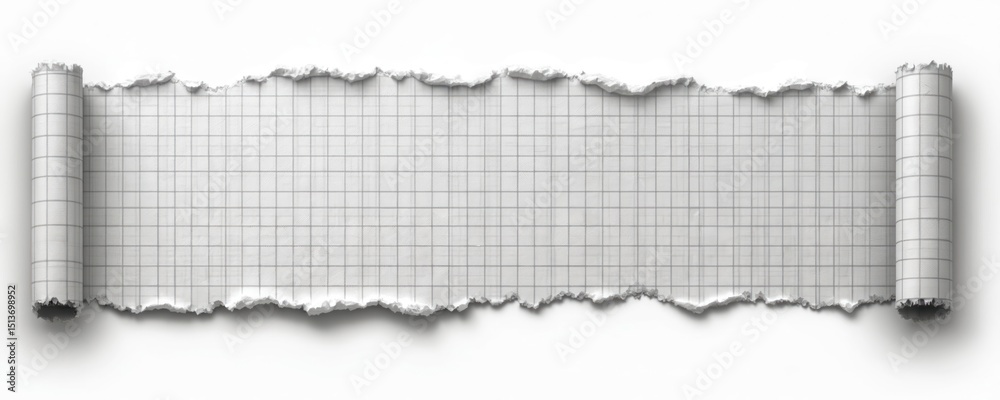 Poster Ripped checkered paper with torn edges on white background. Rolled edges frame blank space. Gridded page, tear for design, notes, banner, headline. Scrapbook, note, page, tag template.