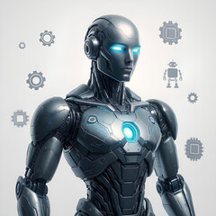 A sleek, metallic robot with glowing blue eyes and a chest reactor, reminiscent of Iron Man's stealth suit. Gears, circuit boards, and small robot icons float in the background.