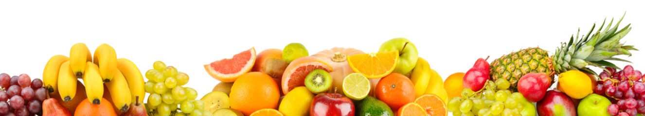 Different fruits isolated on white background. Glass skinali. Free space for text. Wide photo.